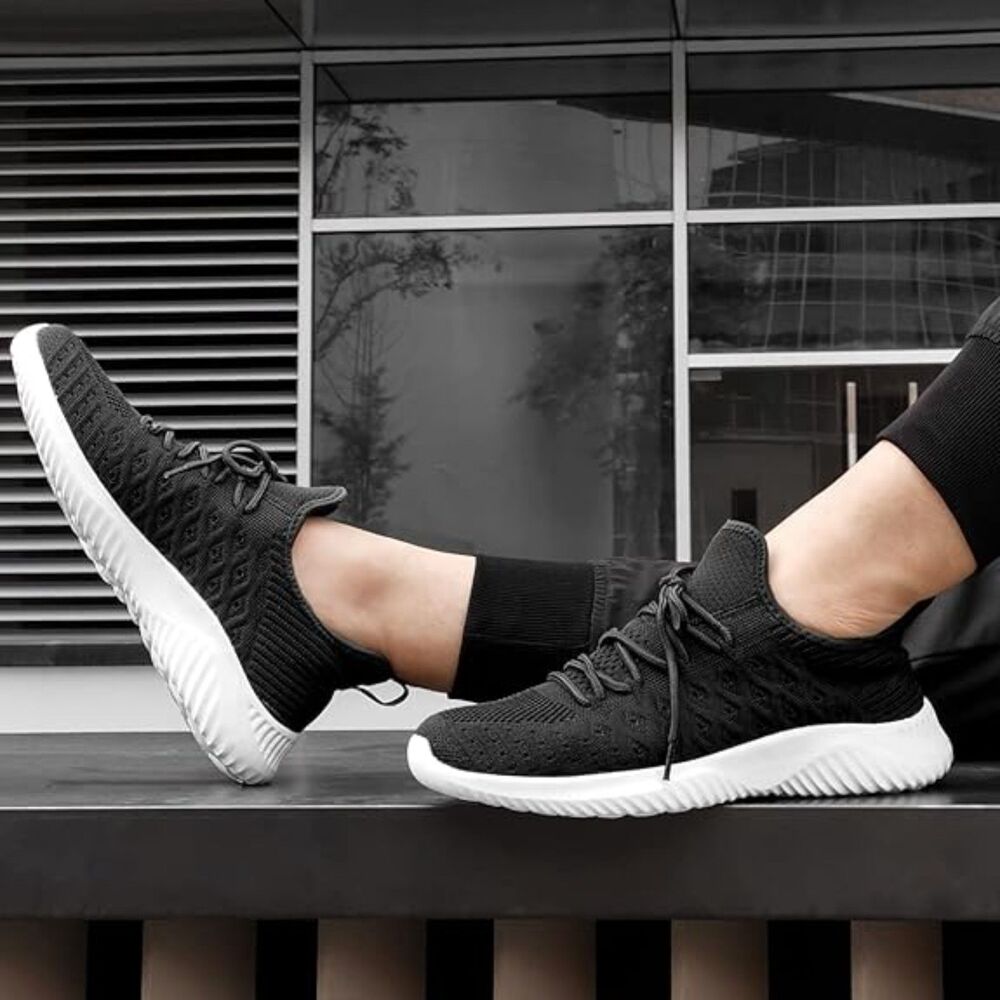 Men's Black White Slip On Lightweight Breathable Comfortable Fashion Sneakers - Picture 2 of 6